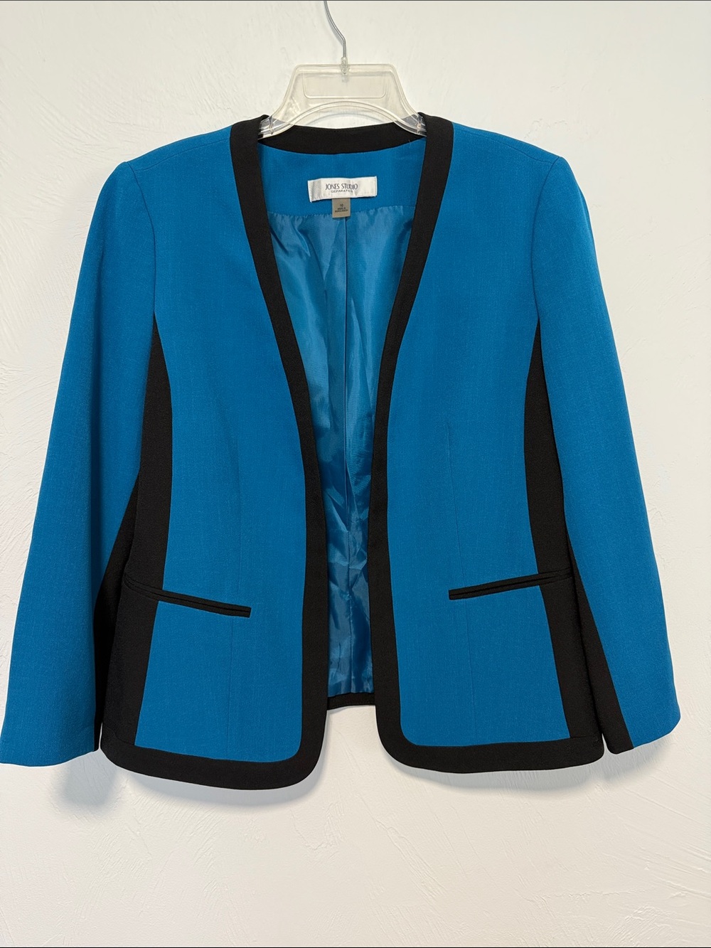 Jones Studio Teal 3/4 Sleeve Open Front Blazer with Black Trim Size 10
